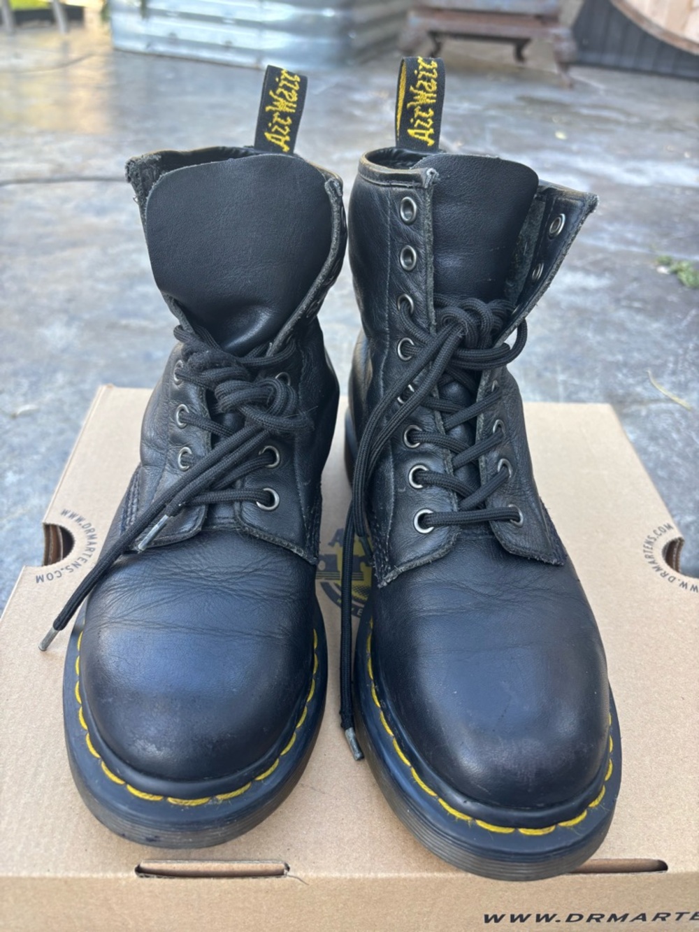 Dr. Martens Black Leather Lace-Up Combat Boots with Yellow Stitching
